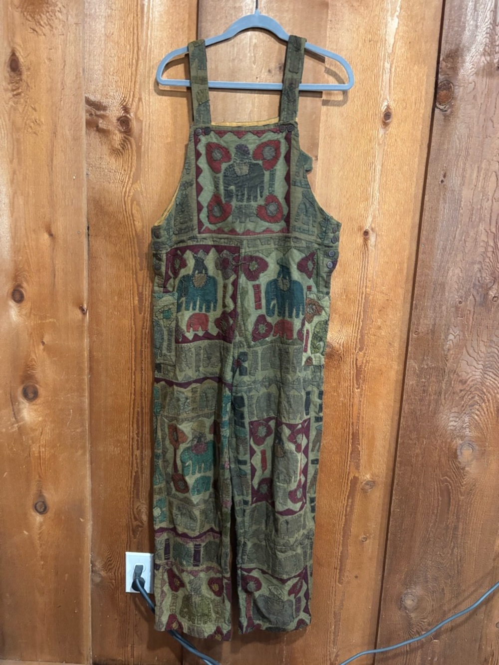 VTG Raiment Fashions Overalls M 100% Cotton Patchwork Elephant Boho Olive